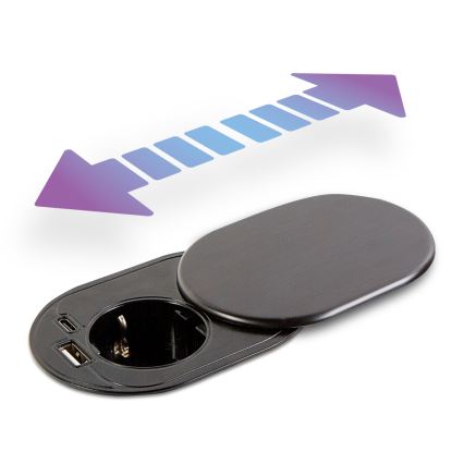 Ugradna utičnica s kliznim poklopcem, 1x utičnica + USB-C + USB-A, crna