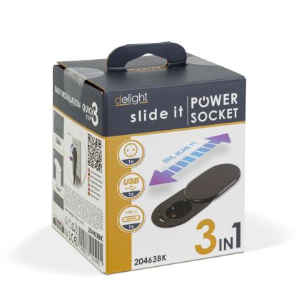 Ugradna utičnica s kliznim poklopcem, 1x utičnica + USB-C + USB-A, crna
