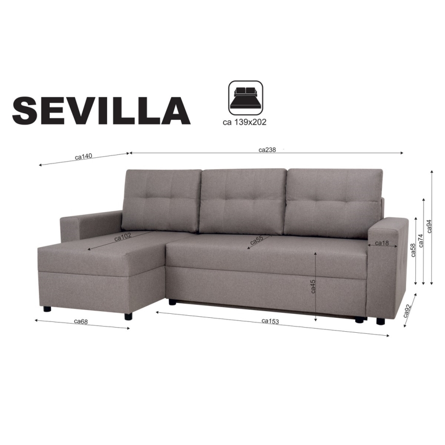 Univerzalna kutna garnitura s funkcijom spavanja i spremištem SEVILLA siva