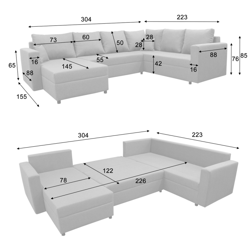 Univerzalna razvlačna kutna garnitura s prostorom za pohranu u obliku slova U SEYA siva