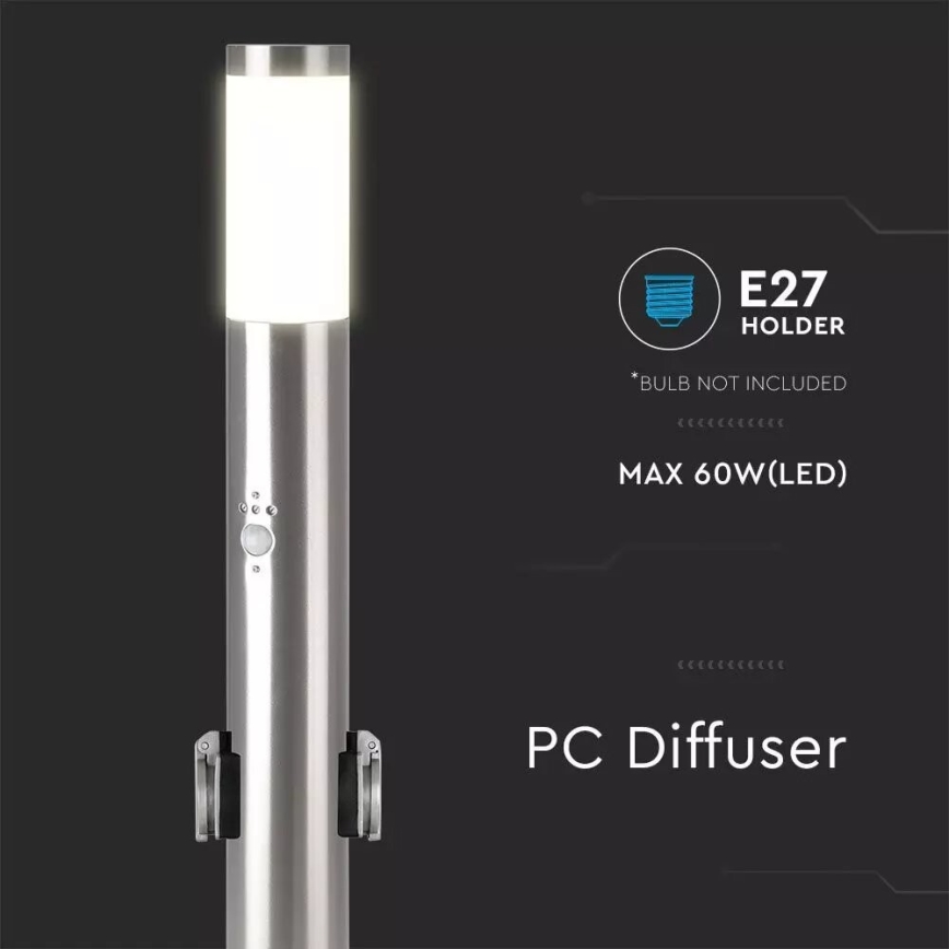 Vanjska lampa sa senzorom + 2 utičnice SCHUKO 1xE27/60W/230V IP44 60cm mat krom