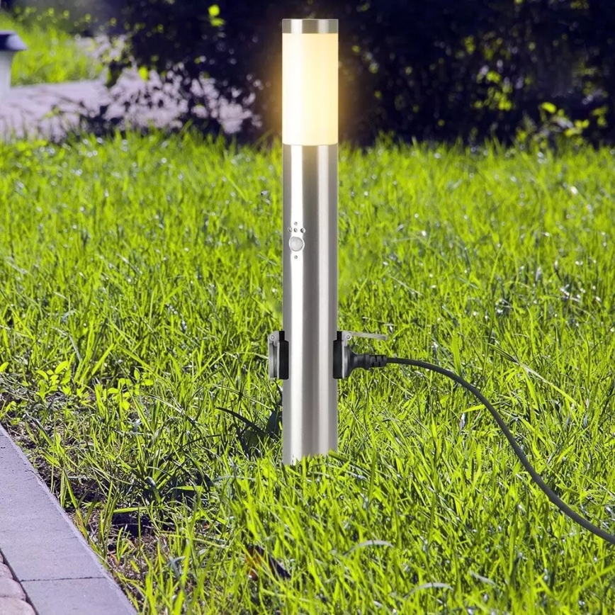 Vanjska lampa sa senzorom + 2 utičnice SCHUKO 1xE27/60W/230V IP44 60cm mat krom