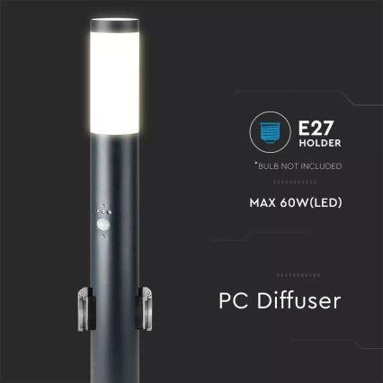 Vanjska lampa sa senzorom i 2 utičnice SCHUKO 1xE27/60W/230V IP44 60cm crna