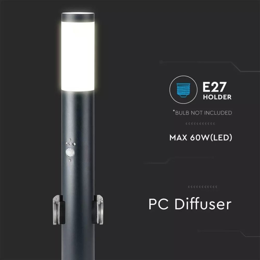 Vanjska lampa sa senzorom i 2 utičnice SCHUKO 1xE27/60W/230V IP44 60cm crna