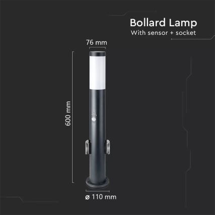 Vanjska lampa sa senzorom i 2 utičnice SCHUKO 1xE27/60W/230V IP44 60cm crna