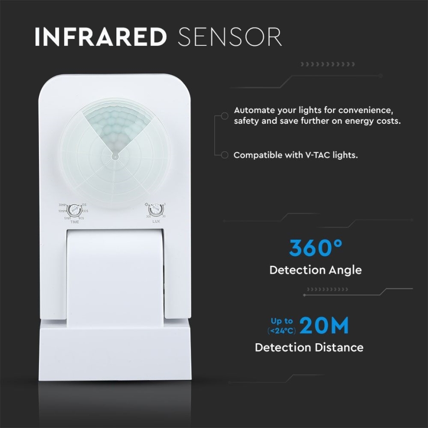 Vanjski infracrveni senzor pokreta 360° 1000W/230V IP65 bijela
