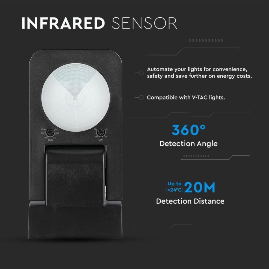 Vanjski infracrveni senzor pokreta 360° 1000W/230V IP65 crna