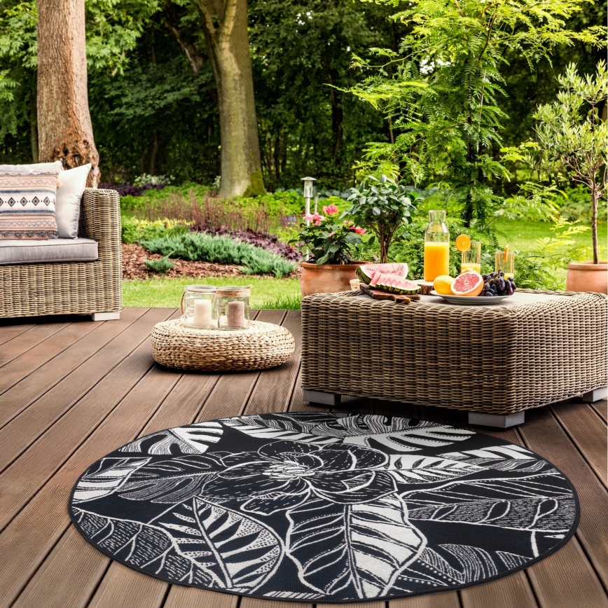 Vanjski tepih JUNGLE 135 cm crna/bijela/uzorak lišća