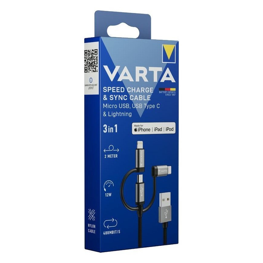 Varta 57937101111 - USB kabel 3u1 s konektorom Lightning i Micro USB 2m