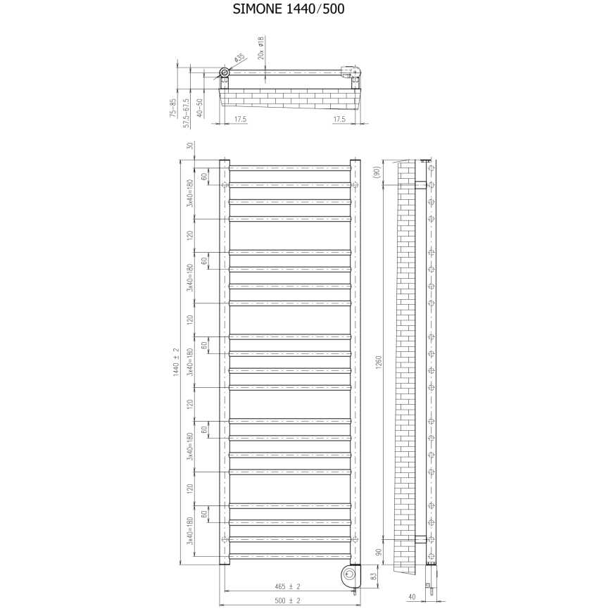 Vertaduro - Bijeli kupaonski radijator s termostatom SIMONE 600W 144x50 cm