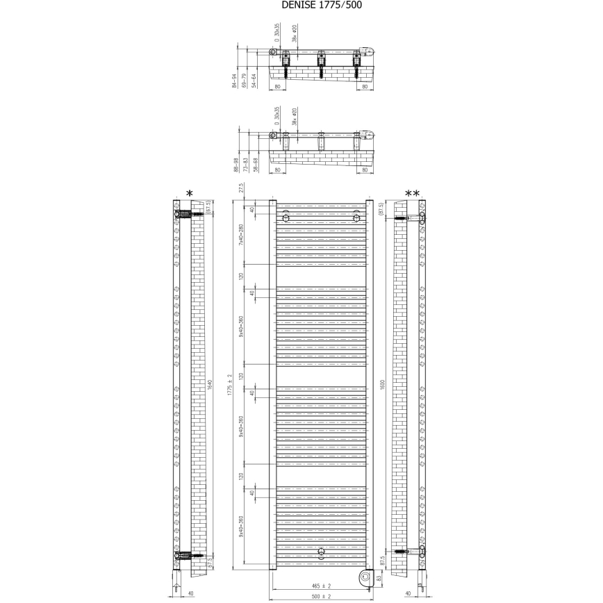 Vertaduro - Kupaonski radijator s termostatom DENISE 800W 178x50 cm crna