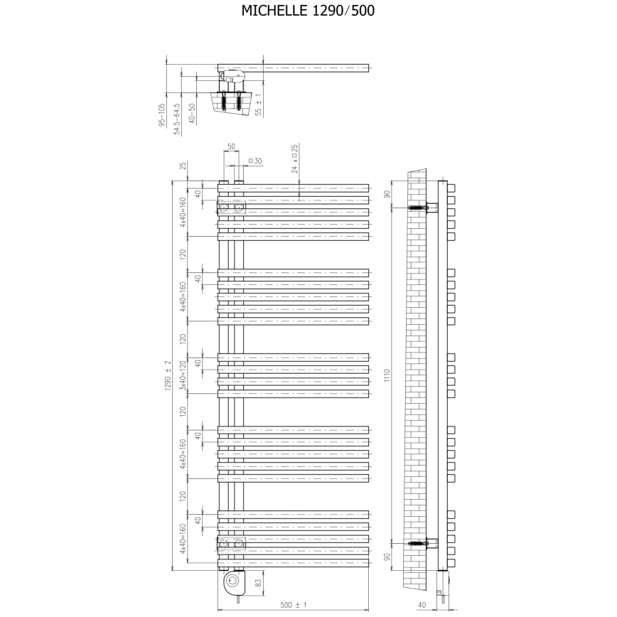 Vertaduro - Kupaonski radijator s termostatom MICHELLE 600W 129x50 cm crna