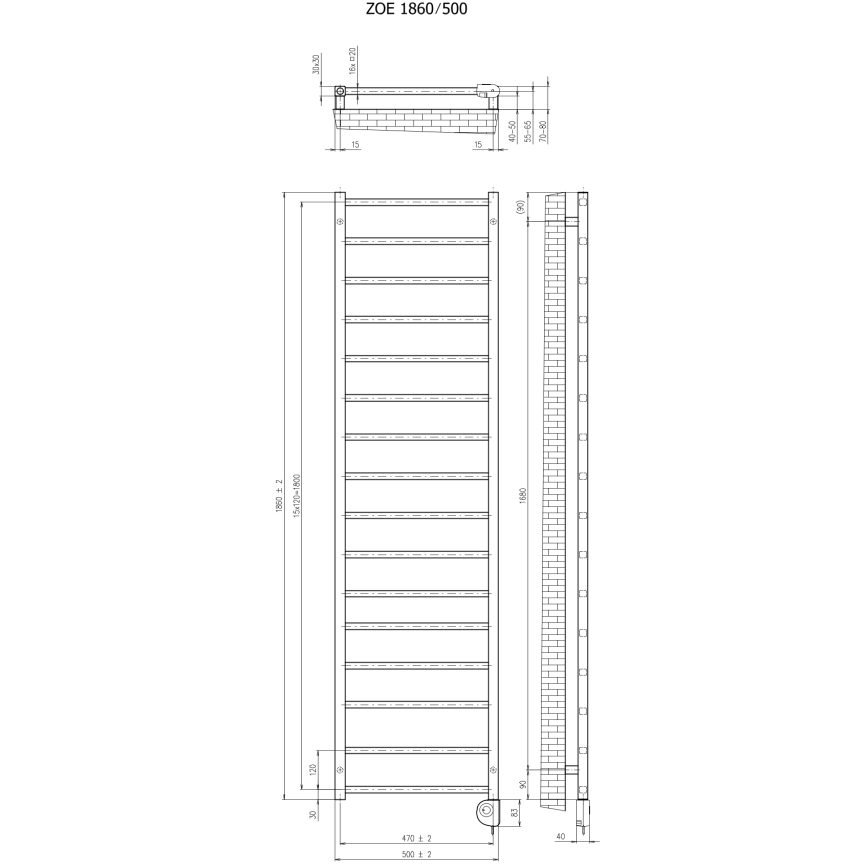 Vertaduro - Kupaonski radijator s termostatom ZOE 400W 186x50 cm taupe