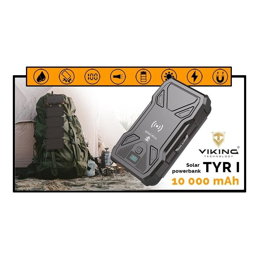 Viking-Power Bank s LED svjetiljkom, bežičnim punjenjem i solarnim panelom Power Delivery 15W/10000mAh