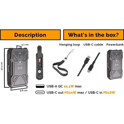 Viking-Power Bank s LED svjetiljkom, bežičnim punjenjem i solarnim panelom Power Delivery 15W/10000mAh