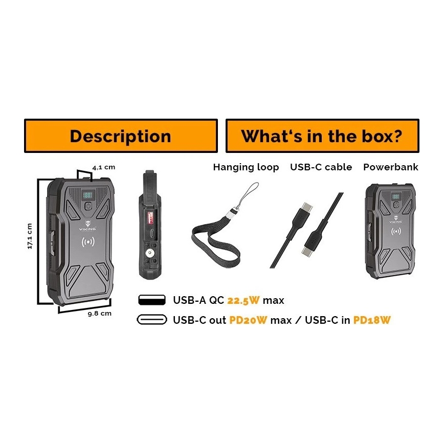 Viking-Power Bank s LED svjetiljkom, bežičnim punjenjem i solarnim panelom Power Delivery 15W/10000mAh