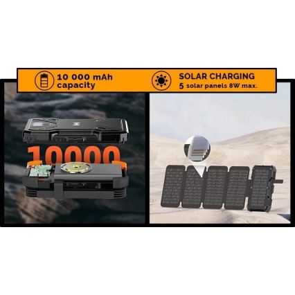 Viking-Power Bank s LED svjetiljkom, bežičnim punjenjem i solarnim panelom Power Delivery 15W/10000mAh