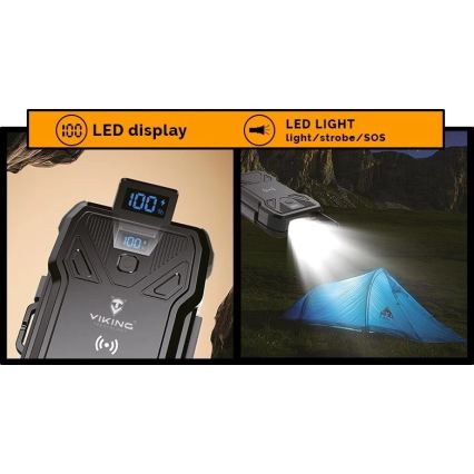 Viking-Power Bank s LED svjetiljkom, bežičnim punjenjem i solarnim panelom Power Delivery 15W/10000mAh