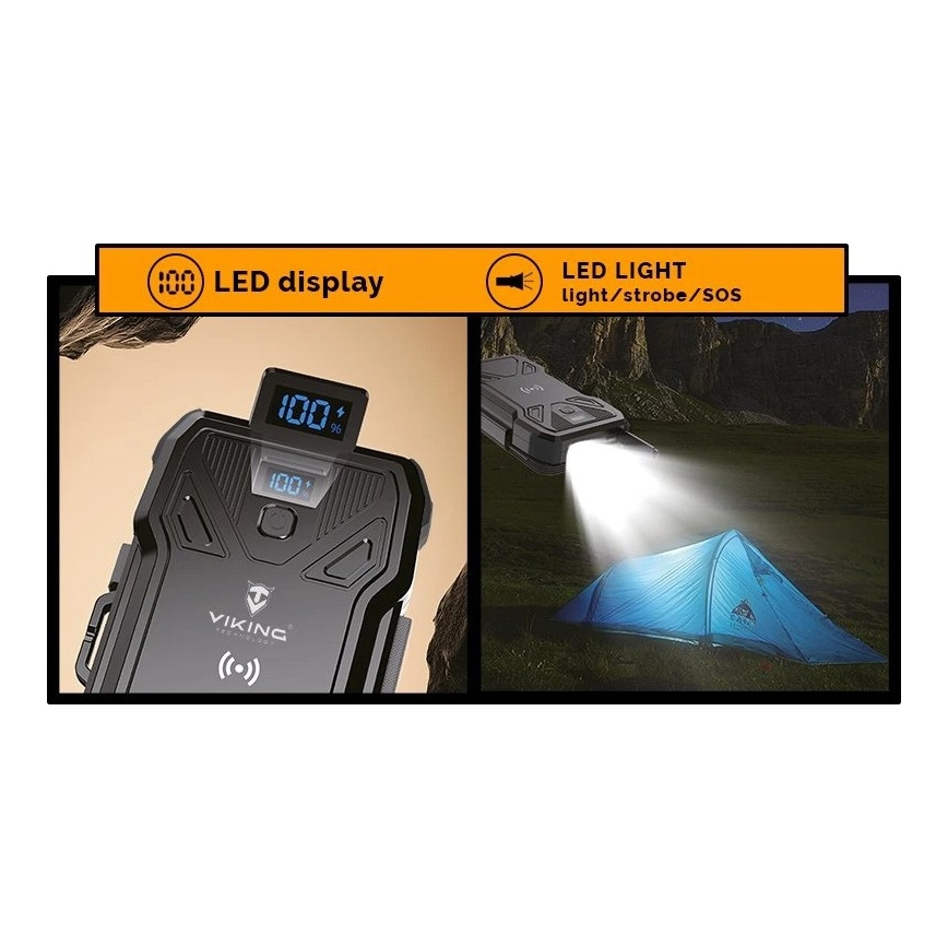 Viking-Power Bank s LED svjetiljkom, bežičnim punjenjem i solarnim panelom Power Delivery 15W/10000mAh
