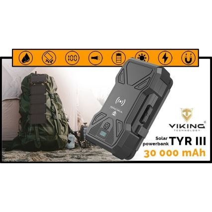 Viking - power bank s LED svjetiljkom, bežičnim punjenjem i solarnim panelom Power Delivery 22,5W/30000 mAh