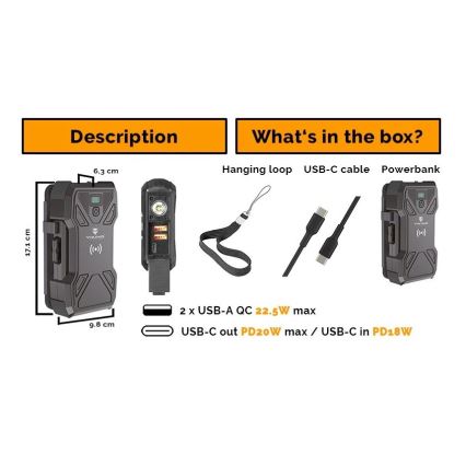 Viking - power bank s LED svjetiljkom, bežičnim punjenjem i solarnim panelom Power Delivery 22,5W/30000 mAh