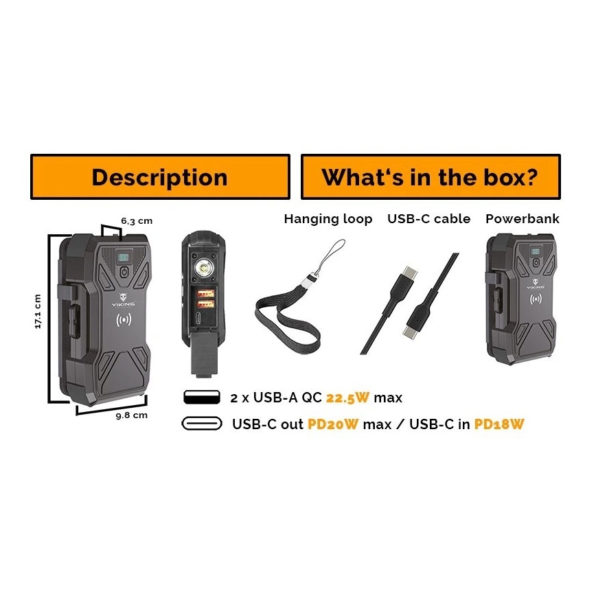 Viking - power bank s LED svjetiljkom, bežičnim punjenjem i solarnim panelom Power Delivery 22,5W/30000 mAh