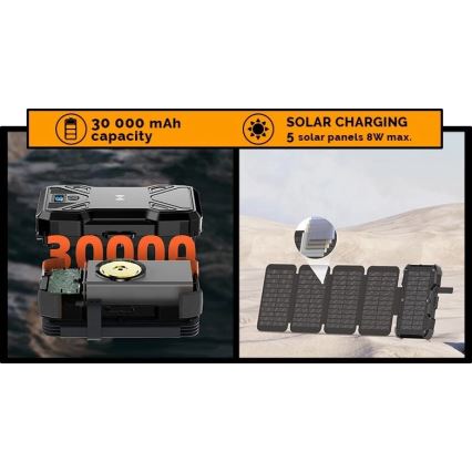 Viking - power bank s LED svjetiljkom, bežičnim punjenjem i solarnim panelom Power Delivery 22,5W/30000 mAh