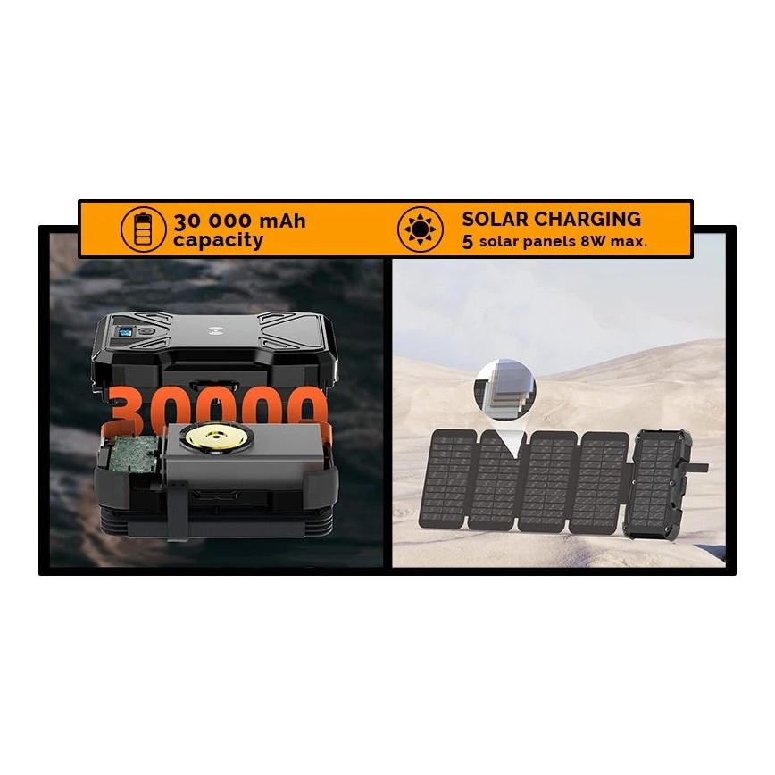 Viking - power bank s LED svjetiljkom, bežičnim punjenjem i solarnim panelom Power Delivery 22,5W/30000 mAh