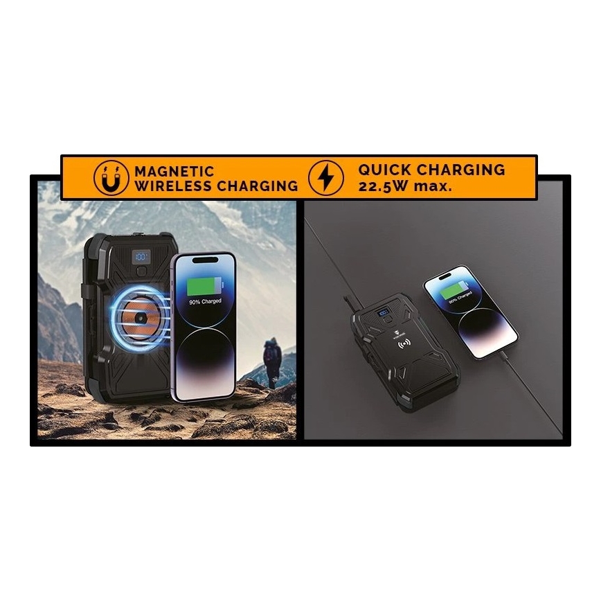 Viking - powerbank s LED svjetiljkom, bežičnim punjenjem i solarnim panelom Power Delivery 22,5W/20000 mAh