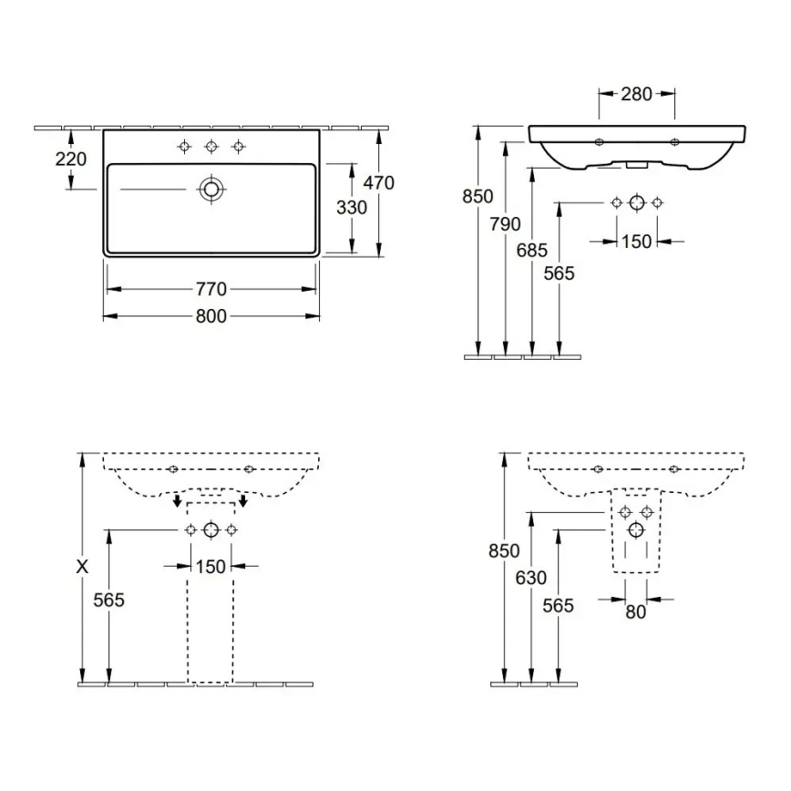 Villeroy & Boch 41568001 - Zidni umivaonik AVENTO 80x47 cm keramika/bijela