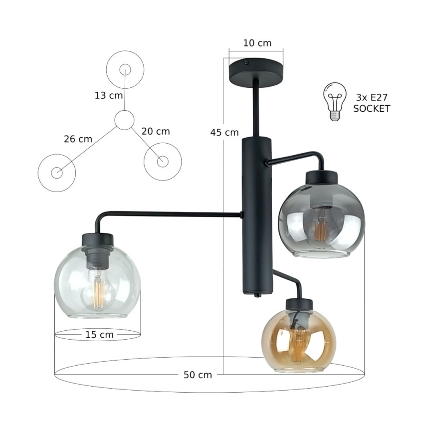 Viseći luster FLEX 3xE27/60W/230V crna/dimna crna/dimna bež/prozirna