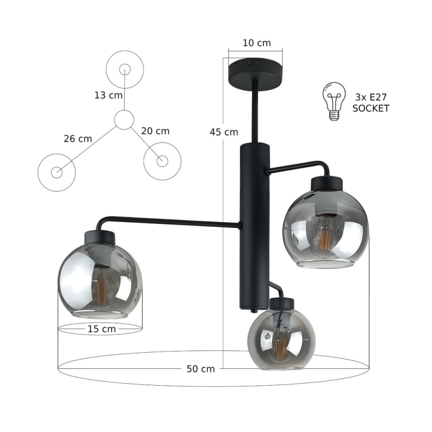 Viseći luster FLEX 3xE27/60W/230V crna/dimna crna