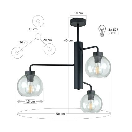Viseći luster FLEX 3xE27/60W/230V crna/prozirna