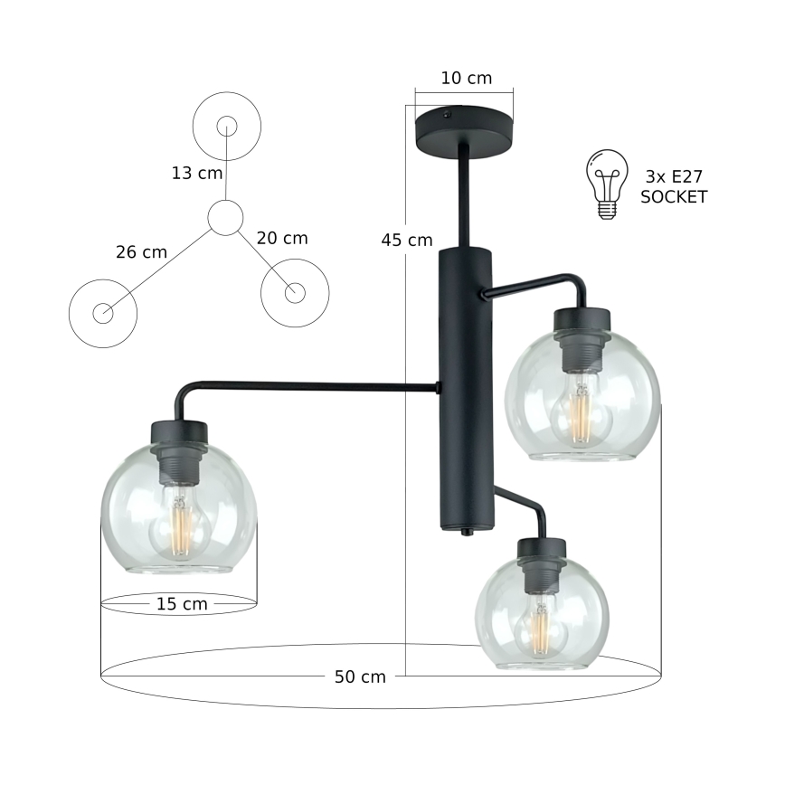 Viseći luster FLEX 3xE27/60W/230V crna/prozirna