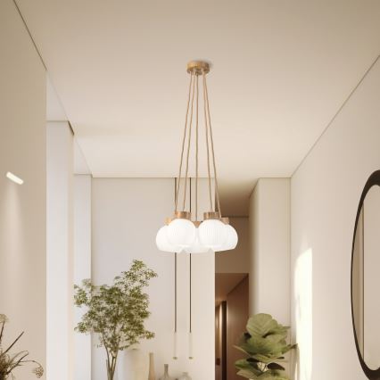 Viseći luster LOOMIS na sajli, 5x E27, 15W, 230V, 83 cm, bež/hrast