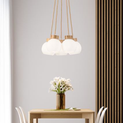 Viseći luster LOOMIS na sajli, 5x E27, 15W, 230V, 83 cm, bež/hrast