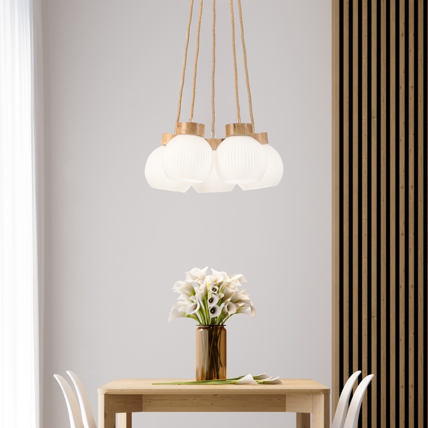 Viseći luster LOOMIS na sajli, 5x E27, 15W, 230V, 83 cm, bež/hrast