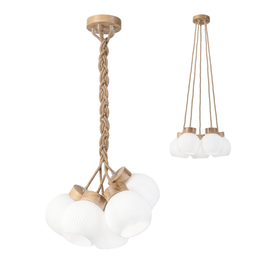 Viseći luster LOOMIS na sajli, 5x E27, 15W, 230V, 83 cm, bež/hrast