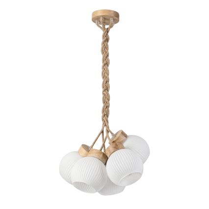 Viseći luster LOOMIS na sajli, 5x E27, 15W, 230V, 83 cm, bež/hrast
