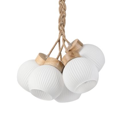 Viseći luster LOOMIS na sajli, 5x E27, 15W, 230V, 83 cm, bež/hrast