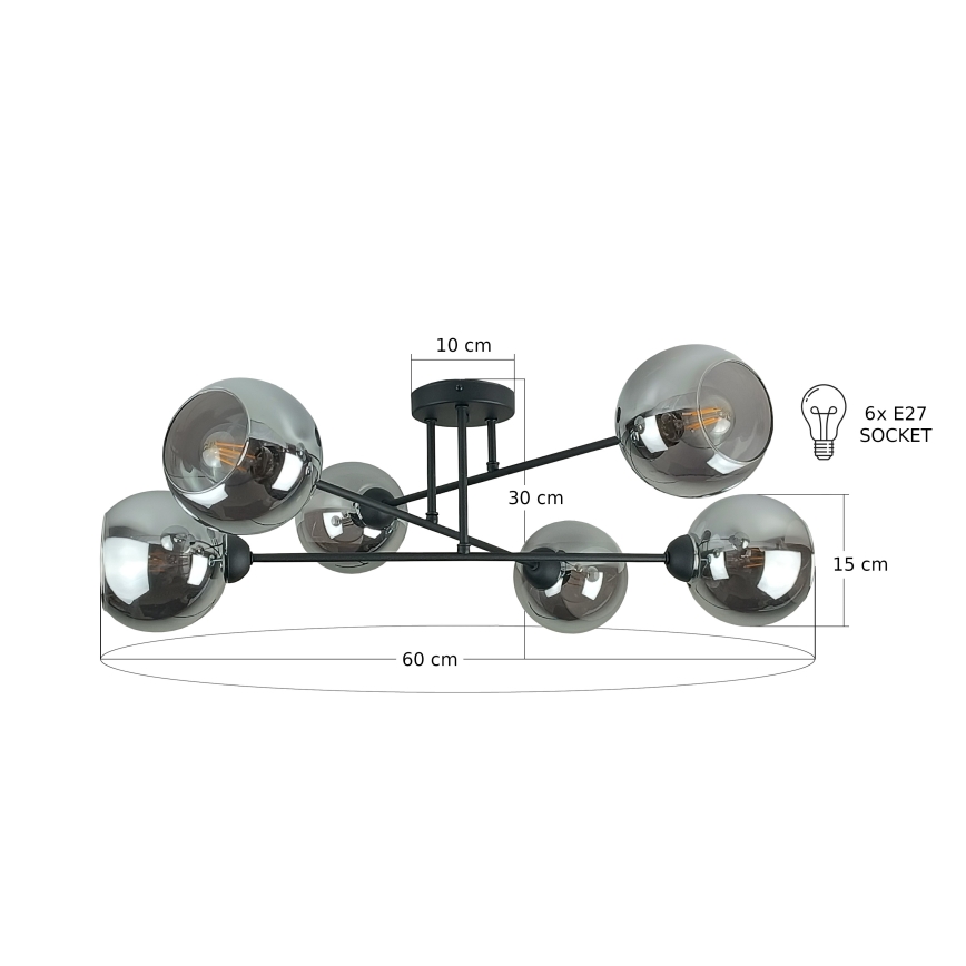 Viseći luster VASCO 6xE27/60W/230V crna/dimna crna