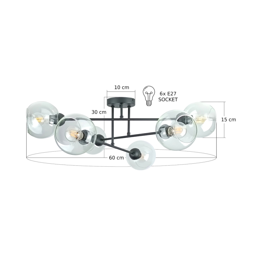 Viseći luster VASCO 6xE27/60W/230V crna/prozirna