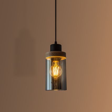 Viseći luster WOODNEST na kabelu, 1xE27/15W/230V, borovina/dimljeno-crna