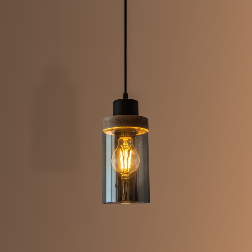 Viseći luster WOODNEST na kabelu, 1xE27/15W/230V, borovina/dimljeno-crna