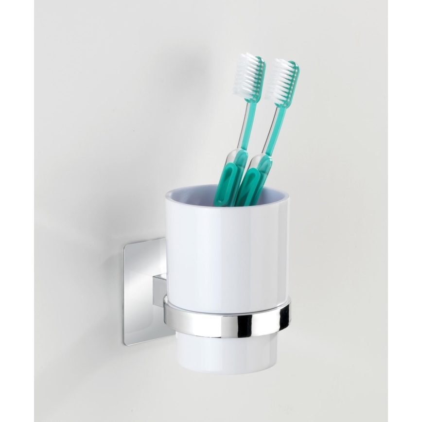 WENKO 23847800-Čaša za četkice TURBO-LOC QUADRO ED. 7x9,5 cm sjajni krom/bijela