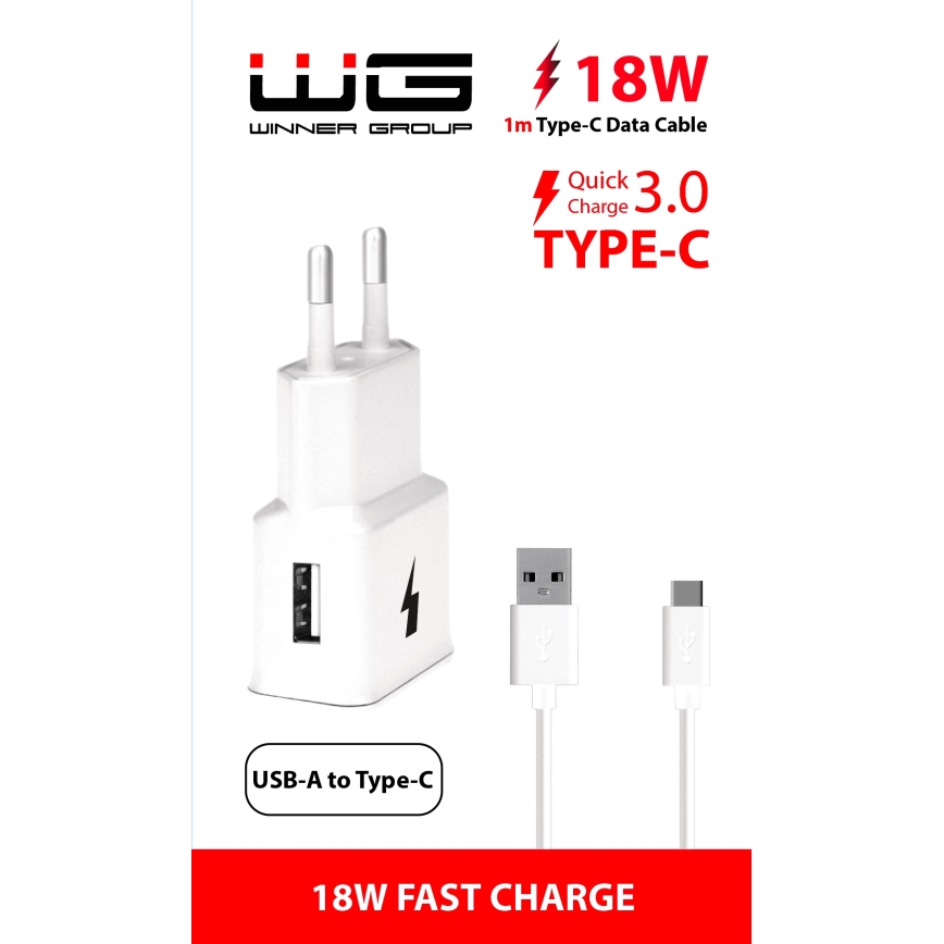 Winner Group- Adapter za brzo punjenje 1xUSB-A PD 18W + USB kabel USB-C / USB-A 1m