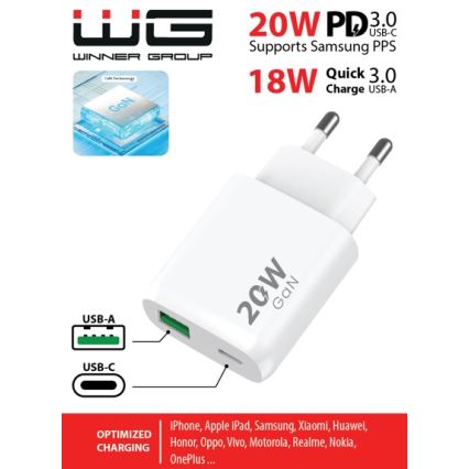 Winner Group - Adapter za brzo punjenje 1xUSB-C + 1xUSB-A Power Delivery 20W bijela