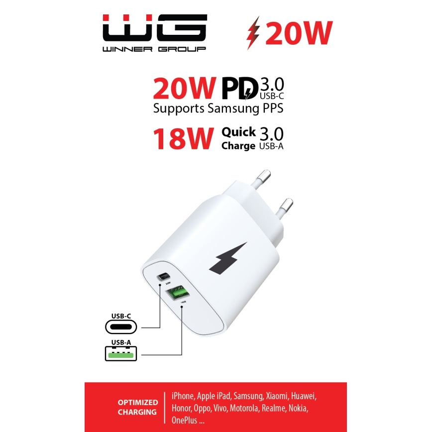 Winner Group - Adapter za brzo punjenje 1xUSB-C + 1xUSB-A Power Delivery 20W bijela