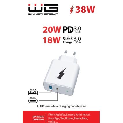 Winner Group - Adapter za brzo punjenje 1xUSB-C + 1xUSB-A Power Delivery 38W bijela