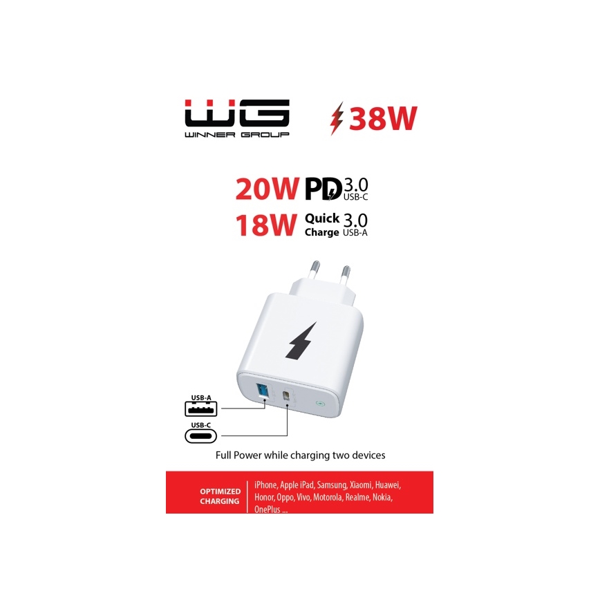 Winner Group - Adapter za brzo punjenje 1xUSB-C + 1xUSB-A Power Delivery 38W bijela